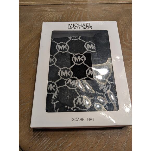 NEW Michael Kors Black Gray Logo Print Winter Beanie Hat Scarf Set Acrylic Knit - Picture 5 of 6